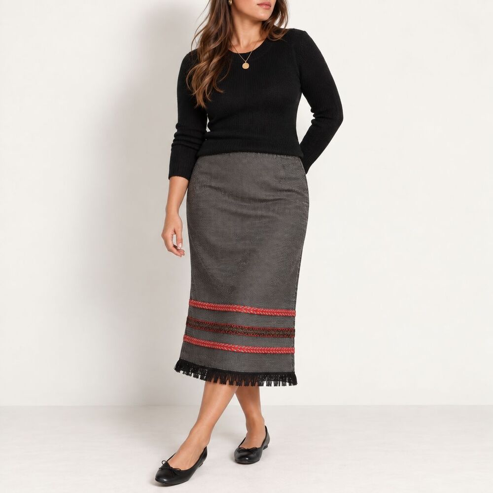 Vintage Requirements Wool Blend Skirt Womens 16P Petite Midi Fringe Embroidered